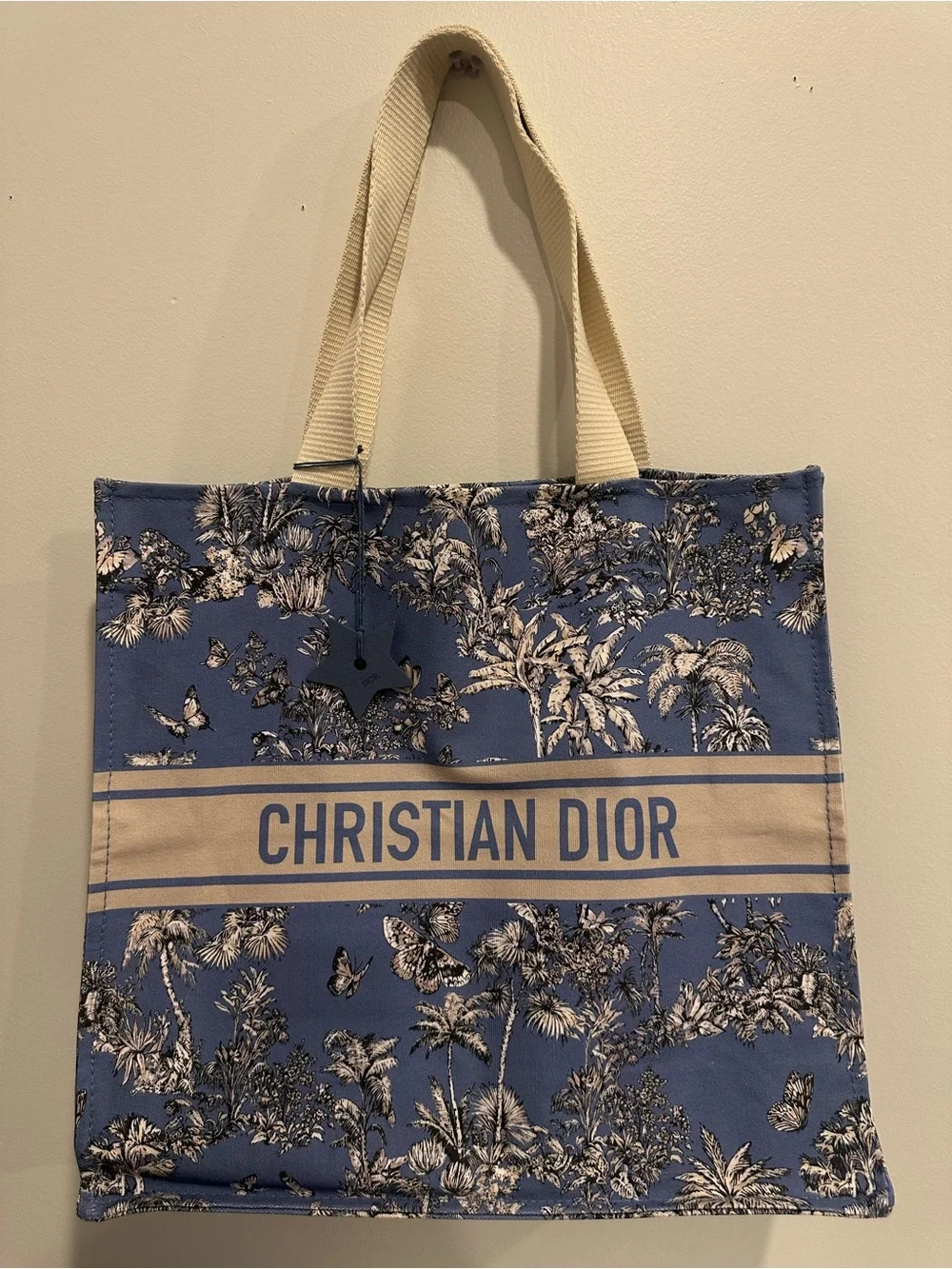 Dior Blue Floral Toile Tote with Cream Handles